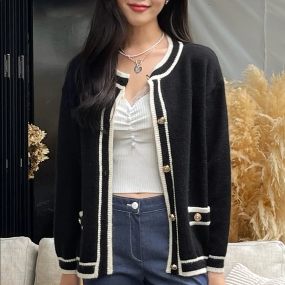 DAZY Stripe Trim Gold Button Cardigan - Picture 3 of 13